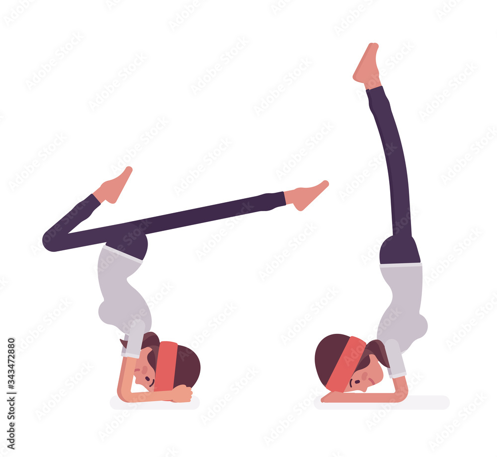 Woman in yogi sport wear practicing yoga, headstand, variation of salamba sirsasana pose and handstand exercise, attractive girl training, healthy habit workout. Vector flat style cartoon illustration Woman in yogi sport wear practicing yoga, headstand, variation of salamba sirsasana pose and handstand exercise, attractive girl training, healthy habit workout. Vector flat style cartoon illustration
