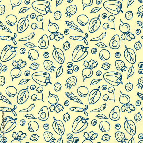 Healthy vegetarian food, seamless pattern. Drawings of vegetables, fruits, berries in doodle style. Design element for shops, fabric, textile, cafe, restaurant, packaging, websites