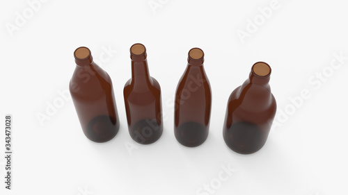 Brown soda bottles. Beer bottles. Isolated on white. Clipping path. 3D Rendering.