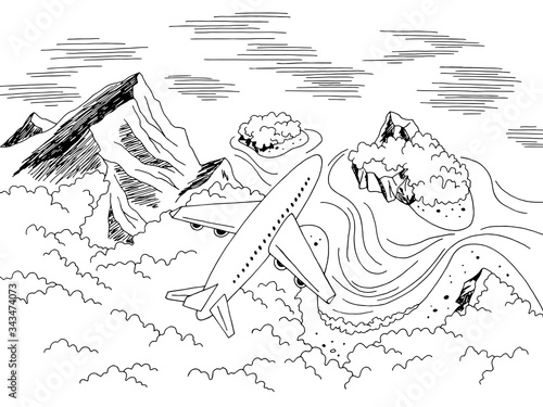 Airplane flying over the sea coast graphic black white landscape aerial view from above sketch illustration vector