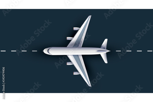 Airliner view from above, realistic 3d plane. passenger plane on runway, high detailed 3d airliner
