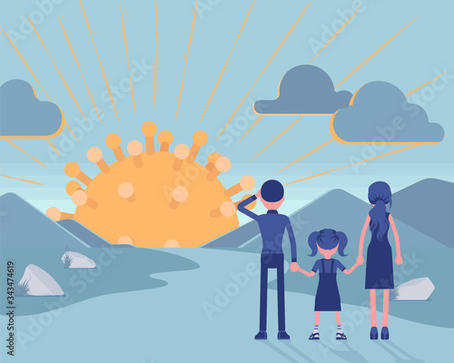 People watching the dawn of new virus. Start and beginning of human coronavirus, sun spike symbol, infectious disease outbreak, pandemic spread early stages. Vector illustration