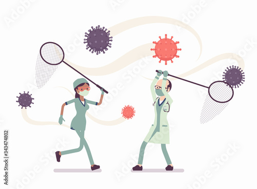 Doctors, health care workers catching virus with a butterfly net. Physicians, nurses, medical staff struggling to protect people and prevent spread of disease. Vector flat style cartoon illustration