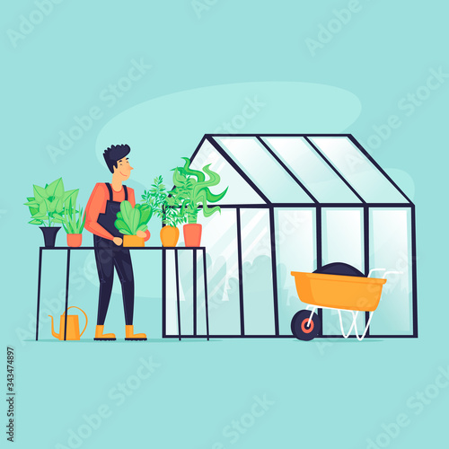 Man near the greenhouse, agriculture, spring, vegetable planting season. Flat design vector illustration.	