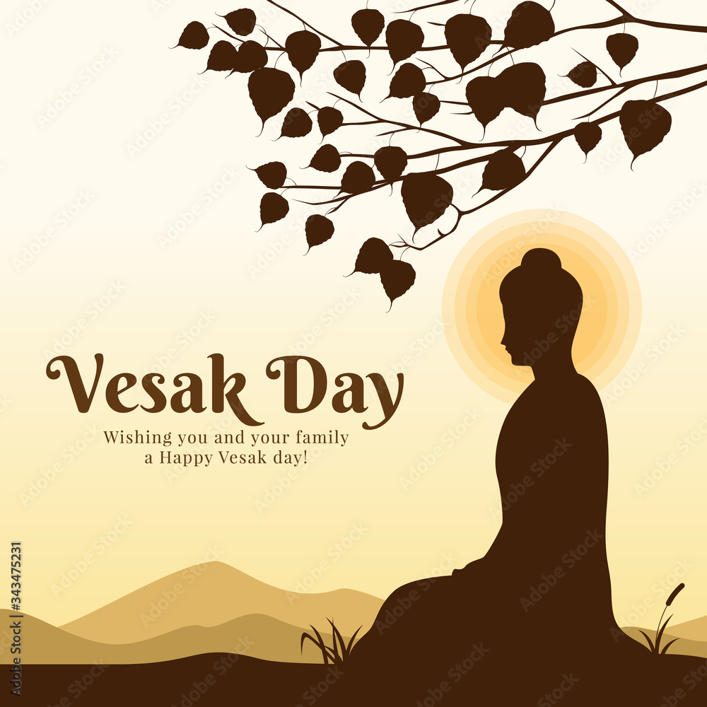 Vesak day with scenery The Lord Buddha Meditation under bodhi tree vector design