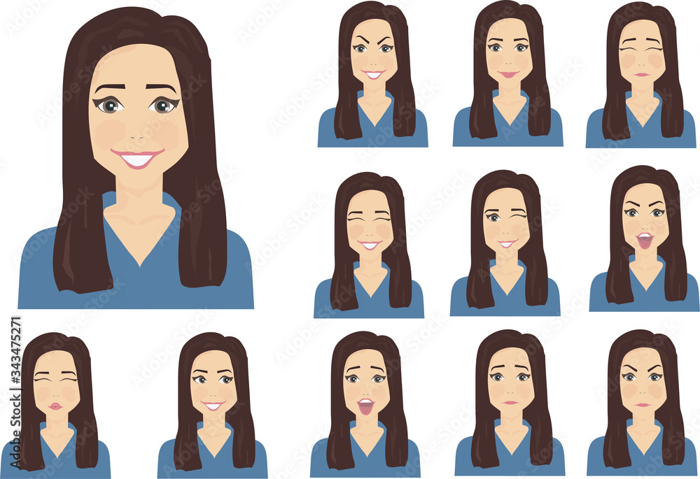 set of emotions of a woman with dark hair and brown eyes set of emotions of a woman with dark hair and brown eyes