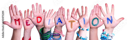 Foto Children Hands Building Colorful English Word Mediation