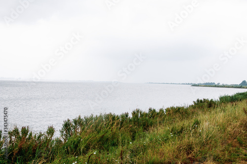 Rainy weather on the sea  where the coastline with green grass is visible