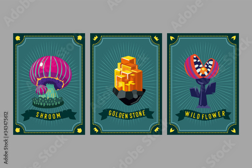 Card game collection. Fantasy ui kit with magic items. User interface design elements with decorative frame. Cartoon vector illustration. Mushroom, crystal and plant.