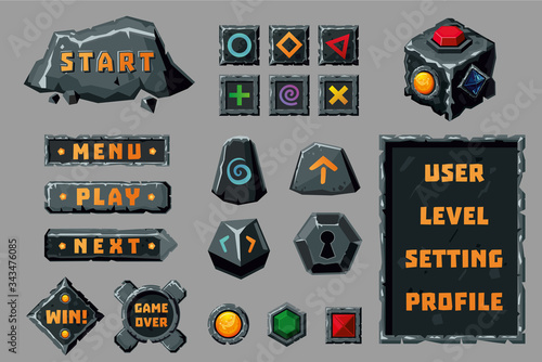 Game design ui kit. Cartoon buttons, banners and interface elements. Fantasy rpg collection.