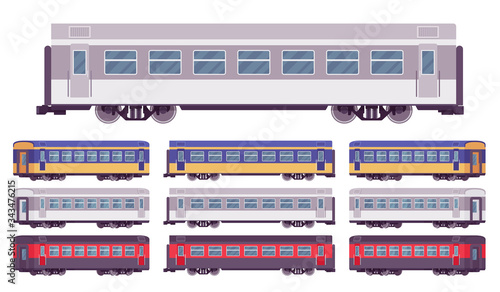 Passenger bright train wagon set for travelling. Railroad high speed comfortable passenger rail service lounge car. Vector flat style cartoon illustration, different views and colors