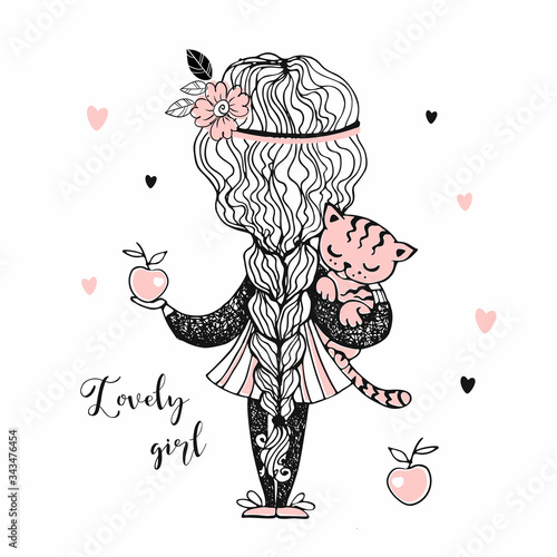 Cute girl with a long pigtail holding a kitten. Vector.