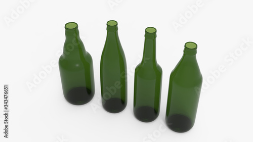 Green soda bottles. Beer bottles. Isolated on white. Clipping path. 3D Rendering.