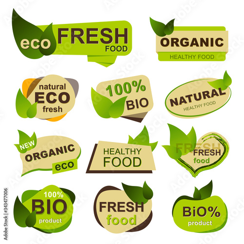 Organic food badges set. Natural eco fresh food, bio products and healthy nutrition isolated stickers. Ecological farming and food production badges with green leaves. Naturally grown vector signs