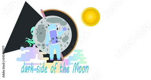 An astronaut is on the backside of the moon. Aliens live there. Dark Side of the moon inscription.