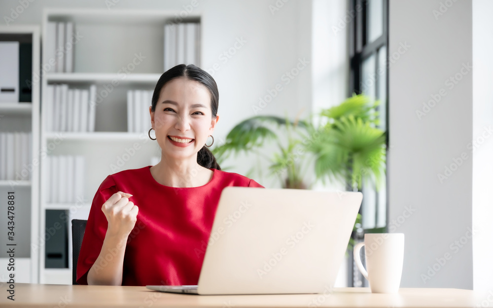Excited female feeling euphoric celebrating online win success achievement result, young woman happy about good email news, motivated by great offer or new opportunity, passed exam, got a job - obrazy, fototapety, plakaty 