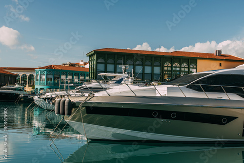 sunshine on docked and modern yacht in mediterranean sea