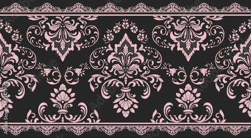 Vector damask border element and page decoration. Classical luxury border decoration pattern. Seamless texture for textile, wrapping etc. Vintage exquisite floral baroque template
