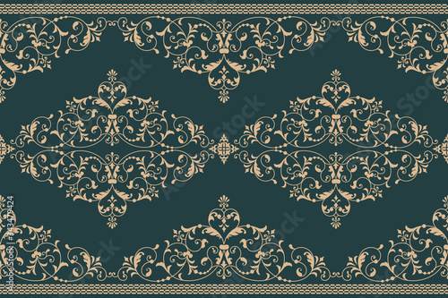 Vector damask border element and page decoration. Classical luxury border decoration pattern. Seamless texture for textile, wrapping etc. Vintage exquisite floral baroque template