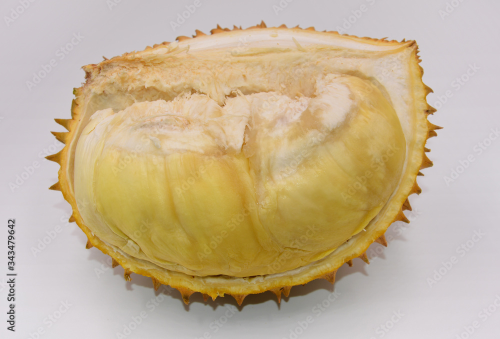 Fototapeta premium the durian sarcocarp with white board; I ate all after i captured 