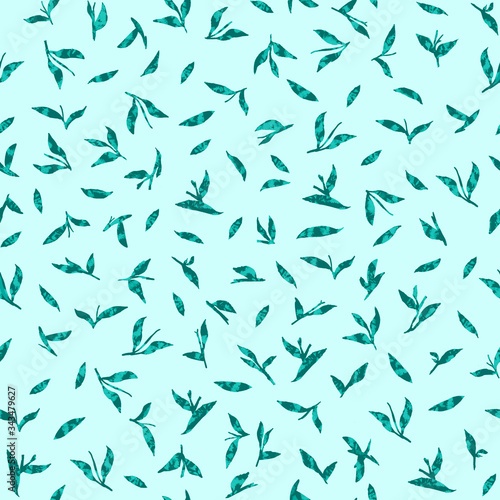 Seamless pattern with small leaves on a blue background