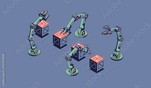 Smart industry isometric illustration. Robotic manipulators shift boxes on the conveyor.