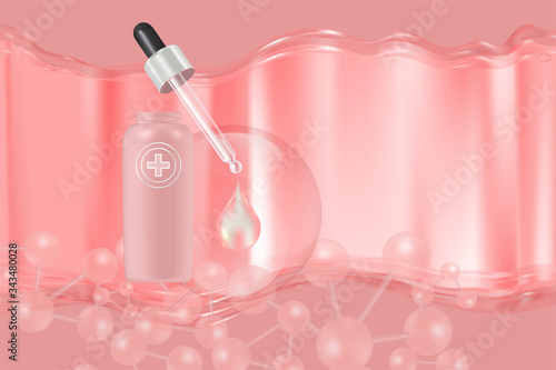 Beauty product ad design, pink cosmetic container with collagen solution advertising background ready to use, luxury skin care banner, illustration vector.