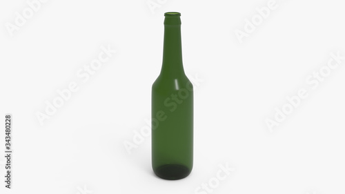 Green soda bottle. Beer bottle. Isolated on white. Clipping path. 3D Rendering.