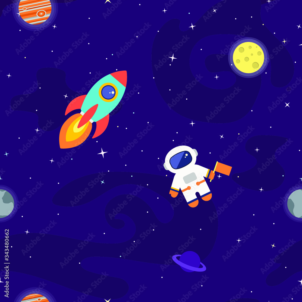 Space vector seamless pattern. Kids outer space background. Flat cartoon  rocket, astronaut, stars, black hole, galaxy creative cute print  collection. Stock Vector | Adobe Stock
