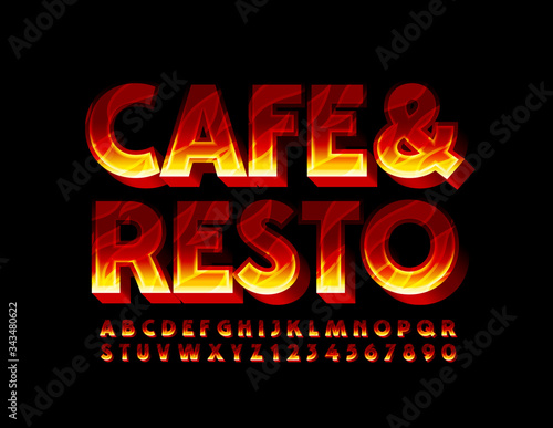 Vector logo Cafe & Resto with Flame Pattern. Burning 3D Font. Fire texture Alphabet Letters and Numbers