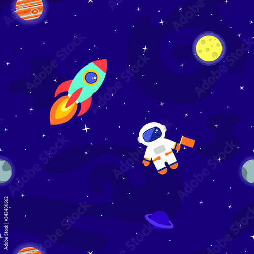 Space vector seamless pattern. Kids outer space background. Flat cartoon rocket  astronaut  stars  black hole  galaxy creative cute print collection. 