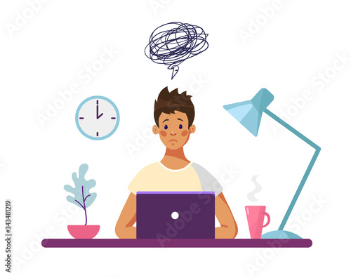 The guy sits at a desk with a computer and thinks about the difficulties encountered. Concept illustration, boy unhappy with school problems, professional burnout worker. Flat vector illustration
