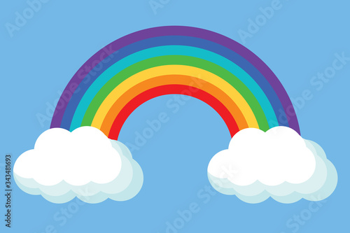 Rainbow with clouds. Bright vector illustration on blue sly background.