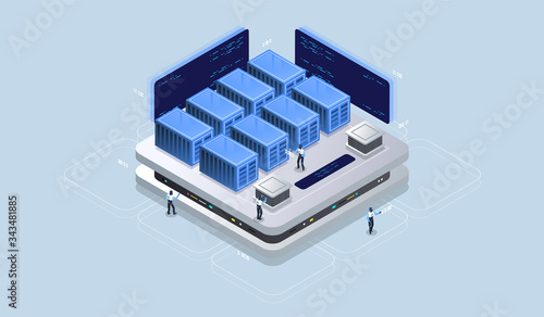 Isometric design concept virtual reality and augmented reality. software development and programming. Computation of big data center, information processing, database. isometric vector technology