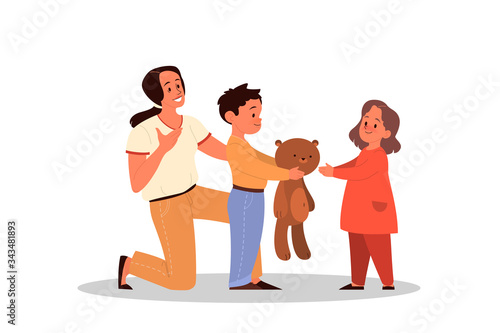 Parenthood and child rearing concept. Little boy sharing his teddy