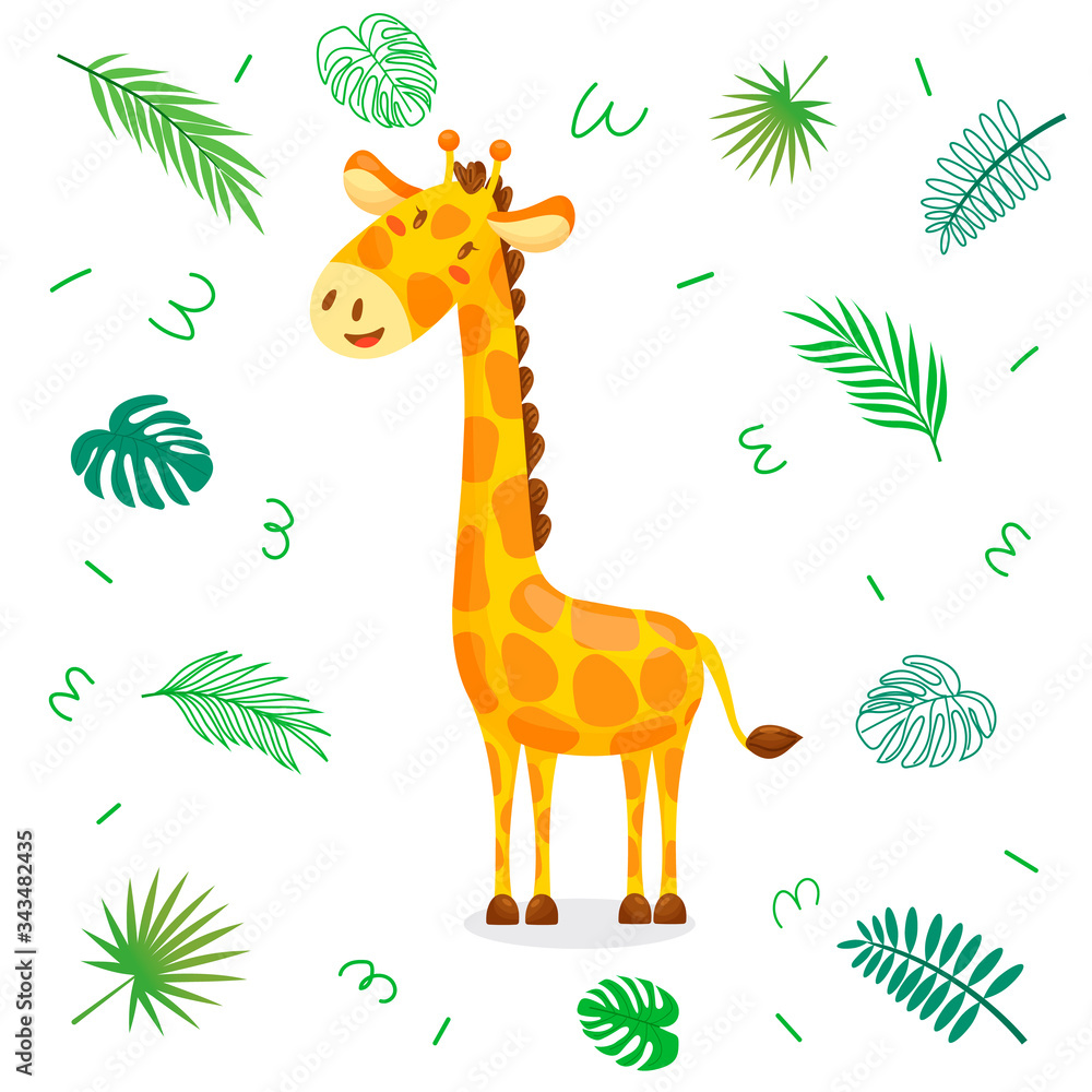 Fototapeta premium Cute cartoon giraffe with tropical leaves. Vector character illustration on white isolated background.