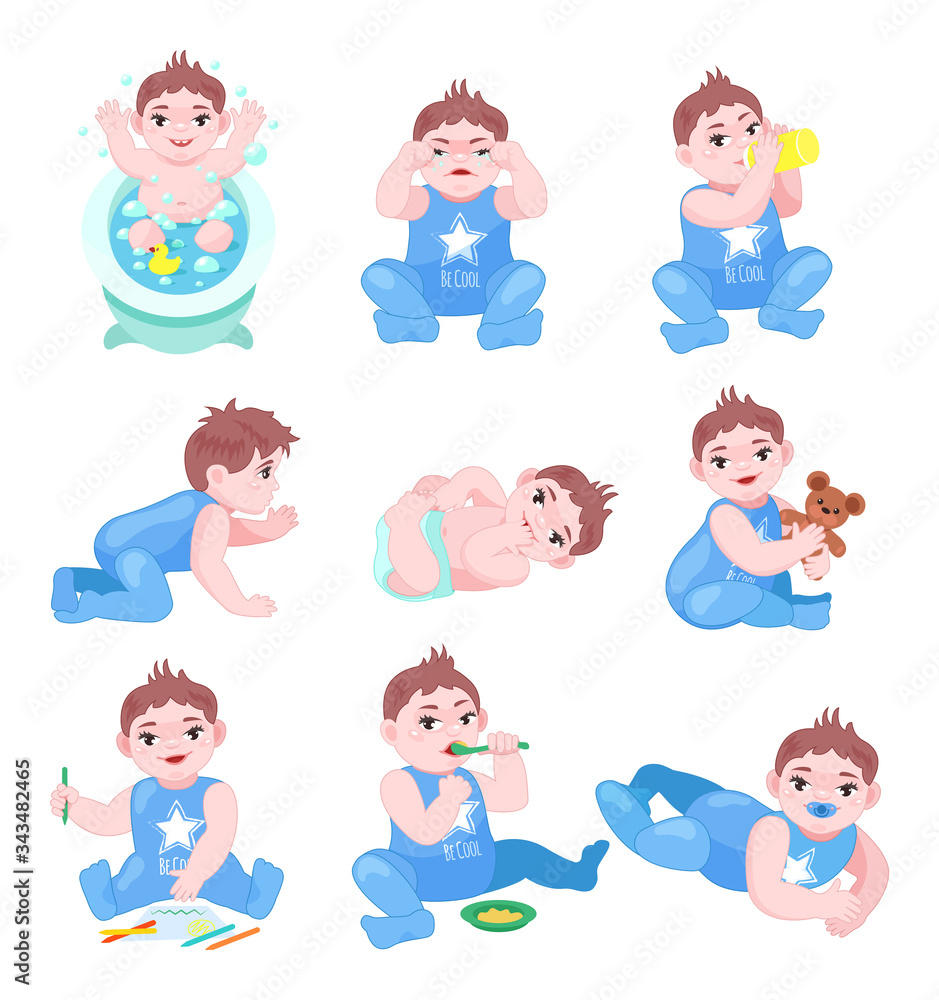 Little cute newborn baby boy. Happy baby drinks baby milk from bottle, plays with teddy bear, in bath with water, paints with felt-tip pens an album. Joyful child is sitting on the floor vector Little cute newborn baby boy. Happy baby drinks baby milk from bottle, plays with teddy bear, in bath with water, paints with felt-tip pens an album. Joyful child is sitting on the floor vector