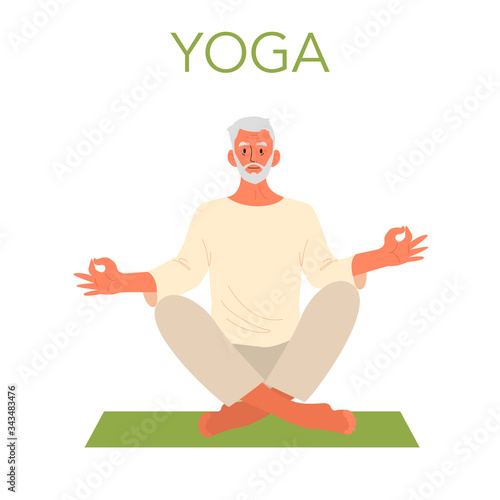 Old man doing yoga. Asana or exercise for senior. Physical and mental