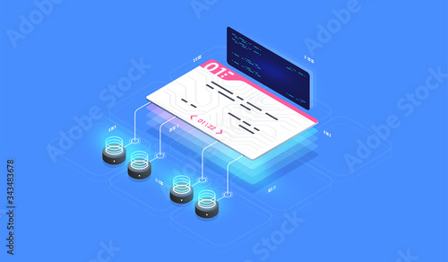 Smart contract, digital signature. Digital security access with biometrics data. Vector isometric illustration.