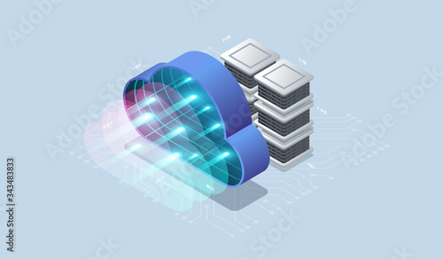 Modern cloud technology and networking concept. Cloud database, Futuristic server energy station. Data visualization concept. 3d isometric vector illustration.