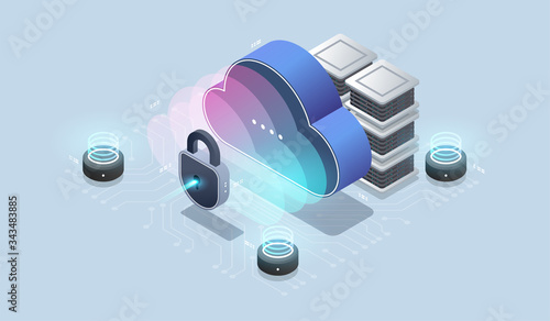 Modern cloud technology and networking concept. Cloud database, Futuristic server energy station. Data visualization concept. 3d isometric vector illustration.
