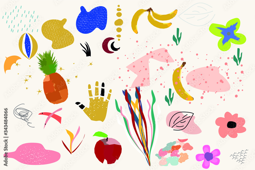 abstract forms and objects, flowers, bananas, pineapples, plants, eyes, hand, vector