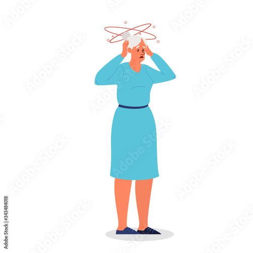Old woman with a dizziness and headache. Eldery person with painfull