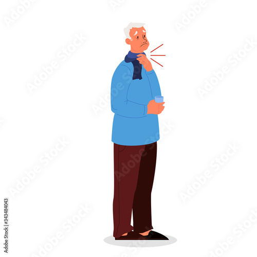 Sad old man with a pain in throat. Symptom of flu or virus infection.