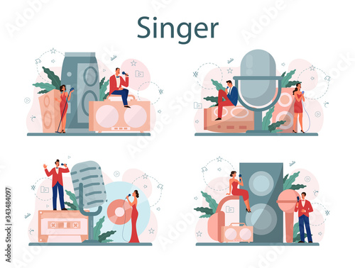 Female and male singer concept set. Performer singing with microphone.