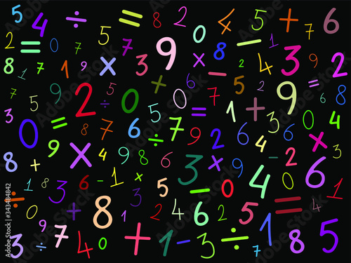 Bright colorful numbers and math symbols with dark background. Hand drawn vector.