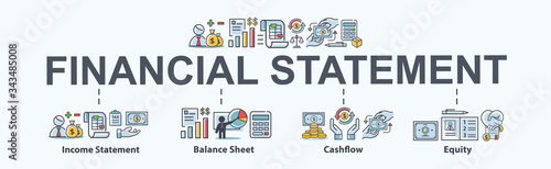 Financial statement banner web icon for business organization, profit, loss, income statement, balance sheet, cash flow and equity. Minimal vector cartoon infographic.