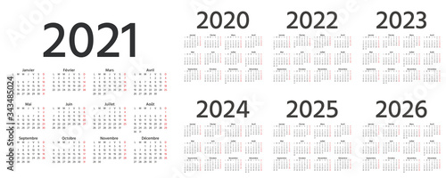 French Calendar 2021, 2022, 2023, 2024, 2025, 2026, 2020 years. Vector. Week starts Monday. France calender template. Yearly stationery organizer. Minimal design. Simple illustration, french language.