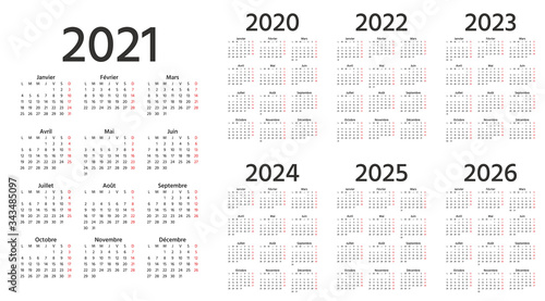 French Calendar 2021, 2022, 2023, 2024, 2025, 2026, 2020 years. Week starts Monday. Vector. France calender template. Yearly stationery organizer. Vertical, portrait orientation. Simple illustration.