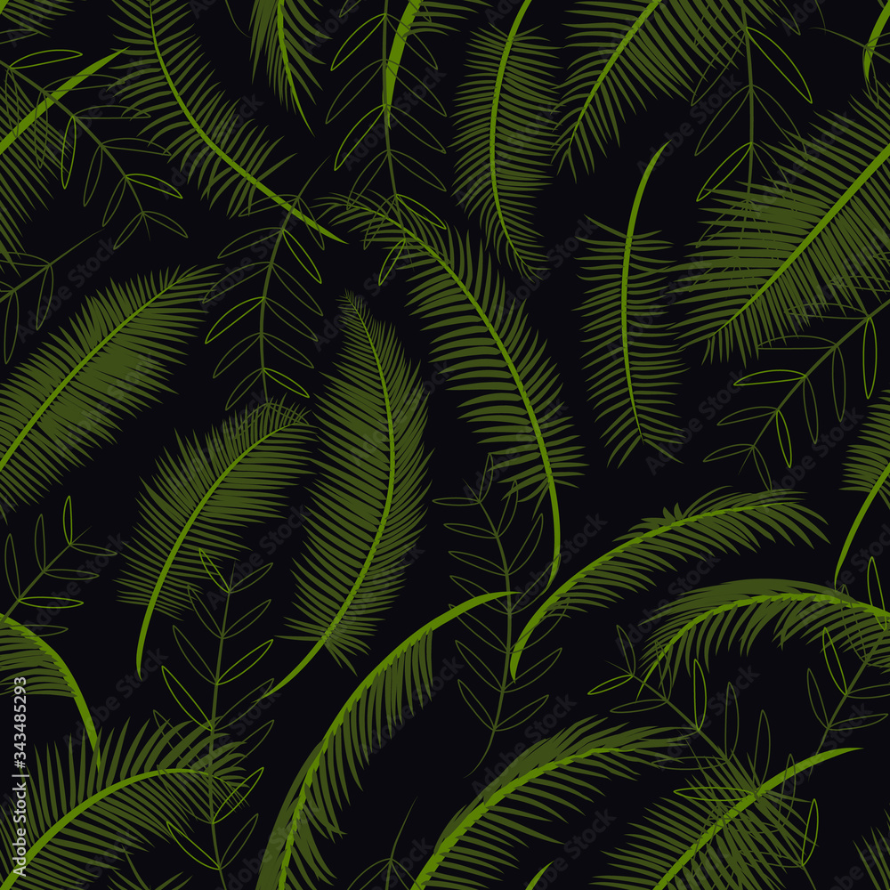 Seamless pattern with tropical leaves. Texture with green palm branches. Palm leaves on a black background. Vector illustration. Flat style. Fashion, interior, web design, paper, packaging, print